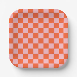 Oranges und rosa Schachbrettmuster Pappteller
