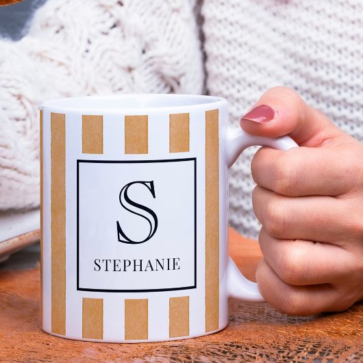 Oranges Wasserfarben-Streifenmuster Monogramm & Na Kaffeetasse