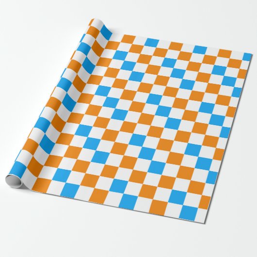 Oranges Weiß-Blau-Karo-Muster-Design Geschenkpapier (Ungerollt)