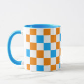 Oranges Weiß-Blau-Karo-Muster-Design Tasse (Links)