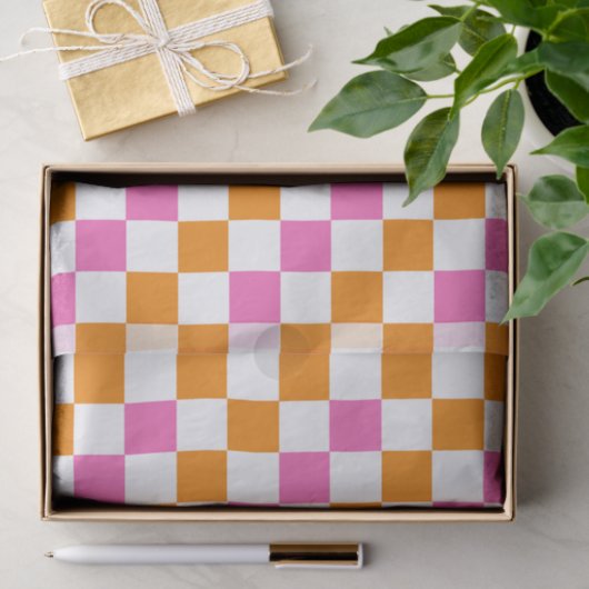 Oranges Weiß-Rosa Karomuster Design  Seidenpapier (Geschenk)