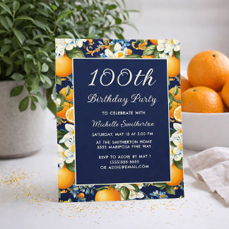 Oranges Weiße Blumen Marineblau 100. Geburtstag Einladung