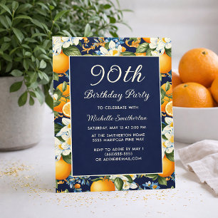 Oranges Weiße Blumen Marineblau 90. Geburtstag Einladung
