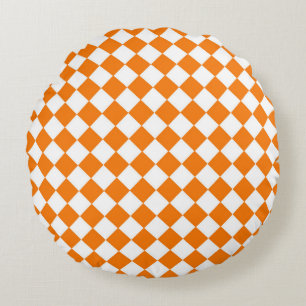 Oranges Weißes Schachbrett-Diamantmuster  Rundes Kissen