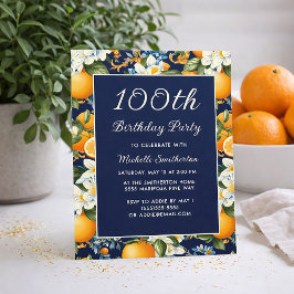 Oranges White Flowers Navy Blue 100th Birthday Einladung