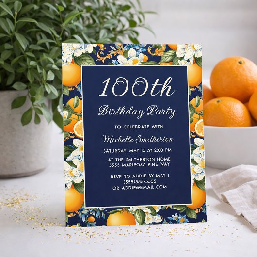 Oranges White Flowers Navy Blue 100th Birthday Einladung