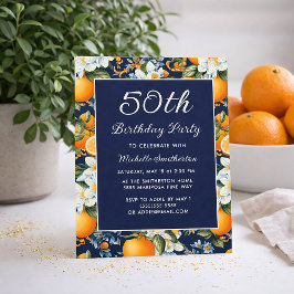 Oranges White Flowers Navy Blue 50th Birthday Einladung