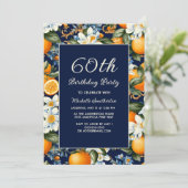 Oranges White Flowers Navy Blue 60th Birthday Einladung (Stehend Vorderseite)