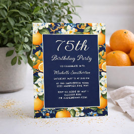 Oranges White Flowers Navy Blue 75th Birthday Einladung