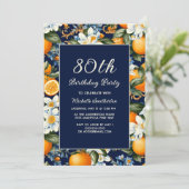 Oranges White Flowers Navy Blue 80th Birthday Einladung (Stehend Vorderseite)