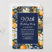 Oranges White Flowers Navy Blue 90th Birthday Einladung (Vorderseite)
