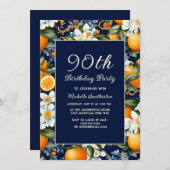 Oranges White Flowers Navy Blue 90th Birthday Einladung (Vorne/Hinten)