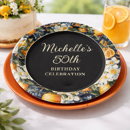 Oranges White Flowers Navy Blue Birthday Welcome Pappteller