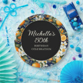 Oranges White Flowers Navy Blue Birthday Welcome Pappteller (Party)