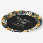 Oranges White Flowers Navy Blue Birthday Welcome Pappteller (Schrägansicht)