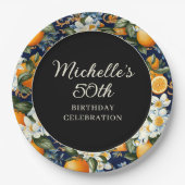 Oranges White Flowers Navy Blue Birthday Welcome Pappteller (Vorderseite)