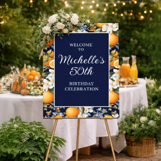 Oranges White Flowers Navy Blue Birthday Welcome Poster