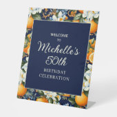 Oranges White Flowers Navy Blue Birthday Welcome Sockelschild (Vorderseite)