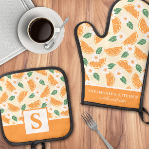 Oranges Zitrus Blumen Cute Sommer Monogramm Ofenhandschuh & Topflappen-Set