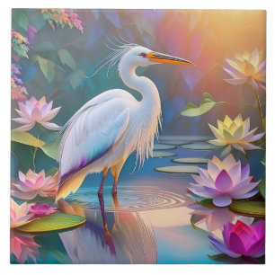 Orangeschnabeliger Weißer Reiher Fantasy-Vogel  Fliese