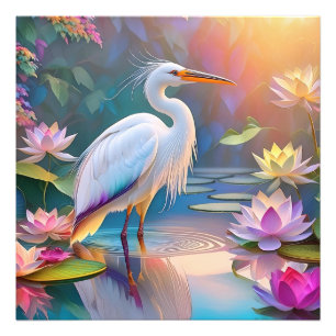 Orangeschnabeliger Weißer Reiher Fantasy-Vogel Fotodruck