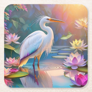 Orangeschnabeliger Weißer Reiher Fantasy-Vogel Rechteckiger Pappuntersetzer