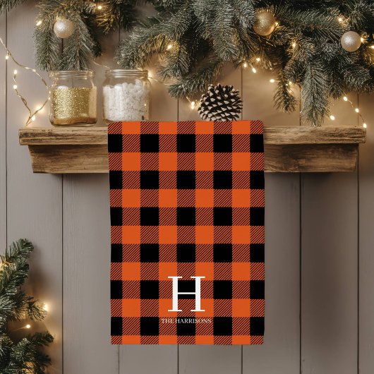 Orangeschwarzes Büffel-Karo-Monogramm-Weihnachten Geschirrtuch
