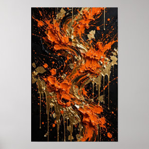 Orangeschwarzes Goldfeuer-Abstraktkunst-Poster Poster