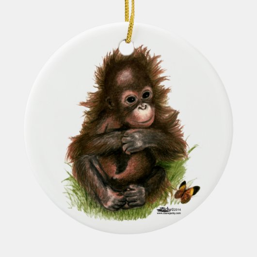 Orangutan Baby and Butterfly Keramikornament (Vorne)