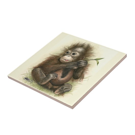 Orangutan Baby mit Blätter Fliese (Seite)
