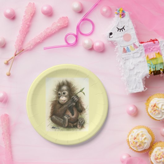 Orangutan-Baby mit Blätter Pappteller (Party)
