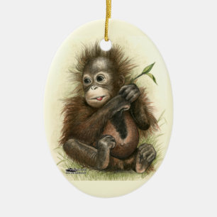 Orangutan Baby With Leaves Keramik Ornament