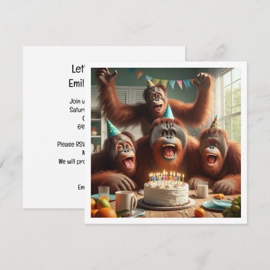 Orangutangs feiern, Affenbild Geburtstag Einladung (Vorne/Hinten)