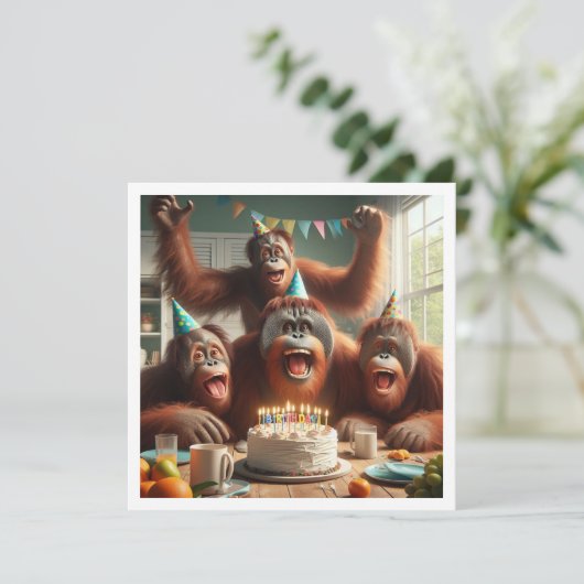 Orangutangs feiern, Affenbild Geburtstag Einladung (Stehend Vorderseite)