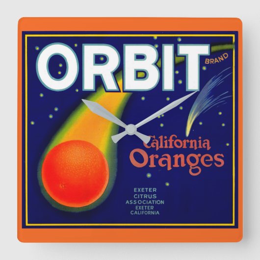 Orbit Orange Fruchtkartentafel der 20er Jahre gedr Quadratische Wanduhr (Vorderseite)