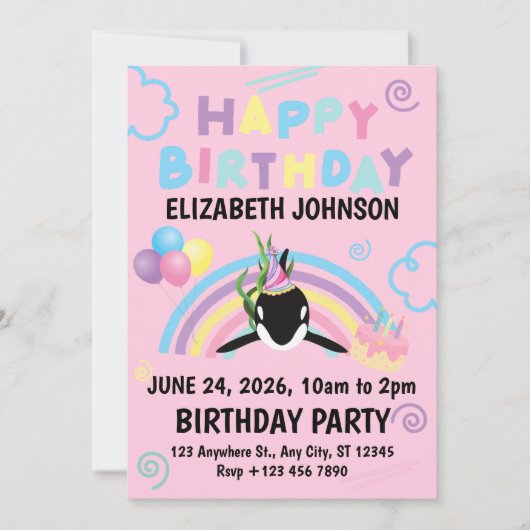 Orca Birthday Party Invitation in Pink Einladung (Vorderseite)
