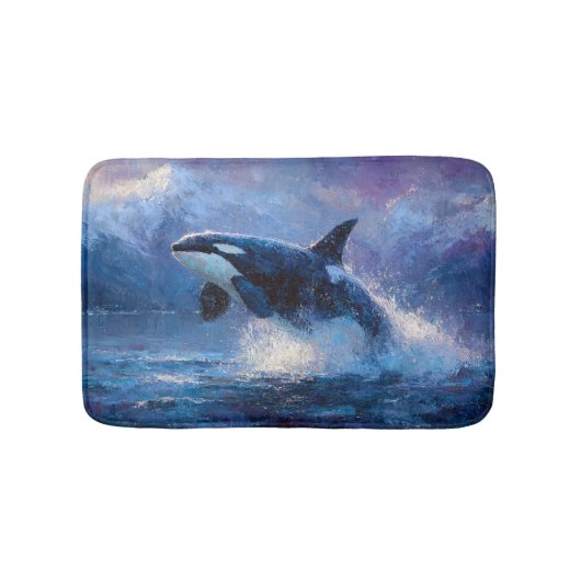 Orca Breaching Near Snowy Mountains Badematte (Vorderseite)