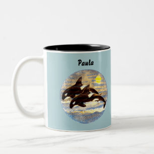 Orca brechen, Wale töten Wasserfarben/ Sonnenunter Zweifarbige Tasse