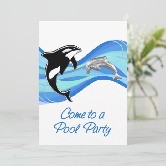 Orca & Dolphin im Waves Pool Party Einladung (Stehend Vorderseite)