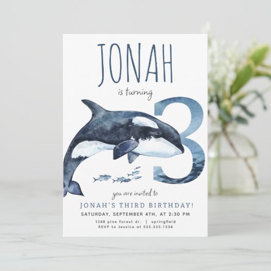 Orca Dritter Geburtstag Einladung (Stehend Vorderseite)