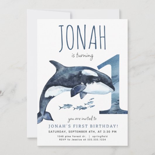 Orca Einladung zum ersten Geburtstag (Vorderseite)