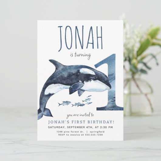 Orca Einladung zum ersten Geburtstag (Stehend Vorderseite)