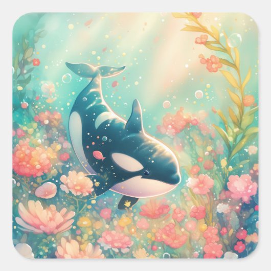 Orca Floral World Quadratischer Aufkleber (Vorderseite)