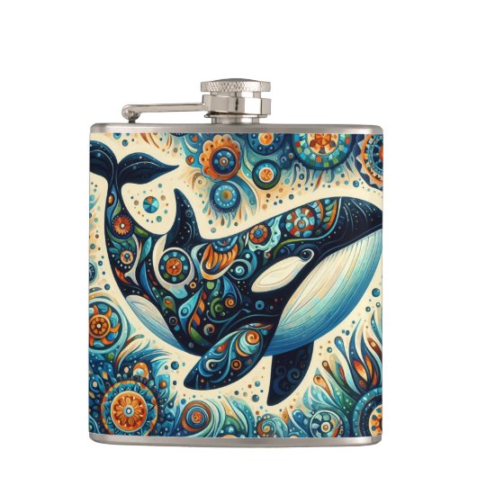 Orca Killer Whale Floral Whimsical Nautical Beach Flachmann (Vorderseite)