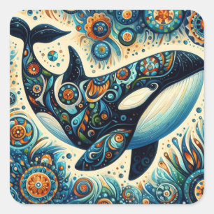 Orca Killer Whale Floral Whimsical Nautical Beach Quadratischer Aufkleber