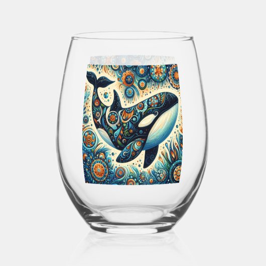 Orca Killer Whale Floral Whimsical Nautical Beach Weinglas Ohne Stiel (Vorderseite)