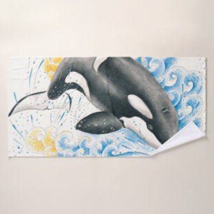Orca Killer Whale Jumping in Waves Wasserfarbe Badhandtuch Set