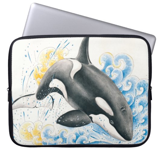 Orca Killer Whale Jumping in Waves Wasserfarbe Laptopschutzhülle (Vorderseite)