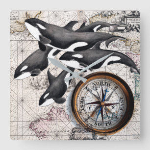 Orca-Nautikkompass Quadratische Wanduhr