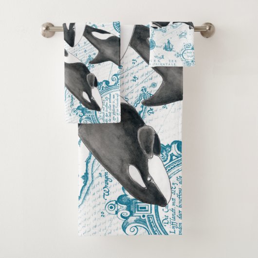 Orca Wale Familie uralt blau Badhandtuch Set (Insitu)